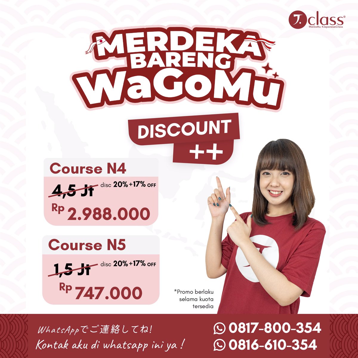 jclass_id's tweet photo. Special sale untuk memperingati kemerdekaan indonesia yaitu MERDEKA BARENG WaGoMu!🤩
Diskon tambahan sebesar 17% Untuk pembelian Produk Akselerasi N4 = 15 hadi dan Group N5 = 3 bulan. Yukk buruan klaim slot terbatas lohh! 

#learnjapan #Japanese #wibu #belajarjepang https://t.co/QOKwEC3pGD