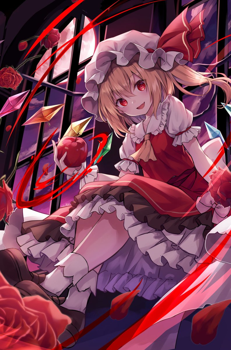 flandre scarlet 1girl solo hat blonde hair red eyes mob cap food  illustration images