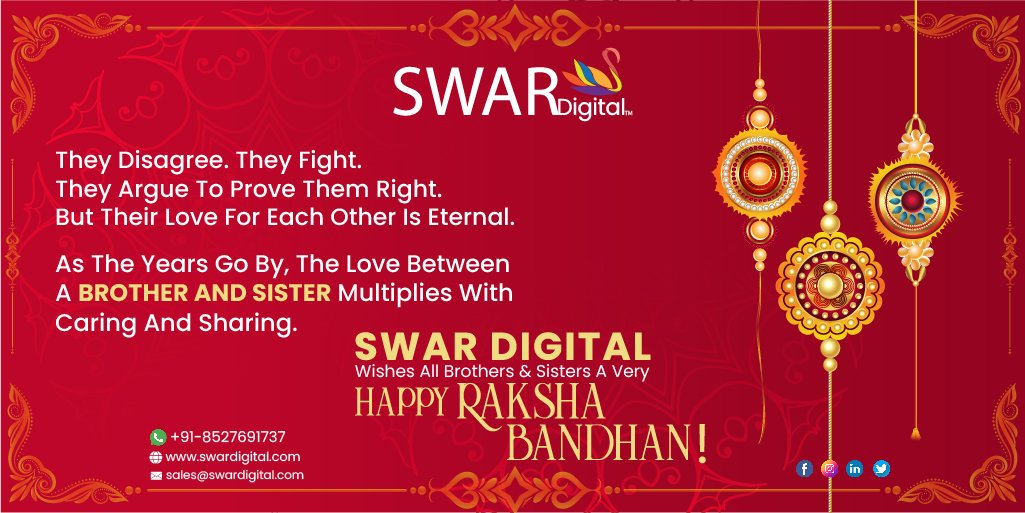 SwarDigital's tweet photo. Swar Digital Wishes All Brothers And Sisters A Very Happy Raksha Bandhan.
#rakhabandhan #rakshabandhanspecial #rakshabandhan2022 #rakhi #rakhi2022 https://t.co/qED9nrtt7x