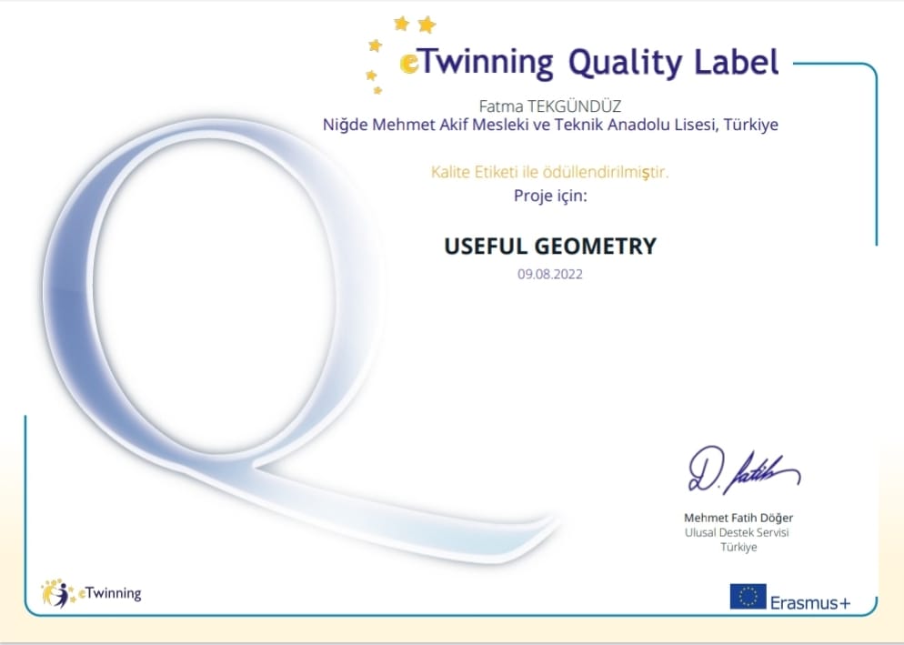 Okulumuz öğretmenlerinden Fatma TEKGÜNDÜZ'ün  “USEFUL GEOMETRY" ve "STEAMMEDYA" isimli eTwinning projeleri kalite etiketi almıştır. Öğretmenimizi ve katkısı olan öğrencilerimizi tebrik eder başarılarının devamını dileriz <a href="/nigdeilmem/">Niğde İl Millî Eğitim Müdürlüğü</a> <a href="/GLTNDLMNGNEN/">GÜLTEN DİLMEN GÖNEN</a> <a href="/sedat_ozdemir82/">SEDAT ÖZDEMİR</a> <a href="/EminARI48460366/">Emin ARIKAN</a>