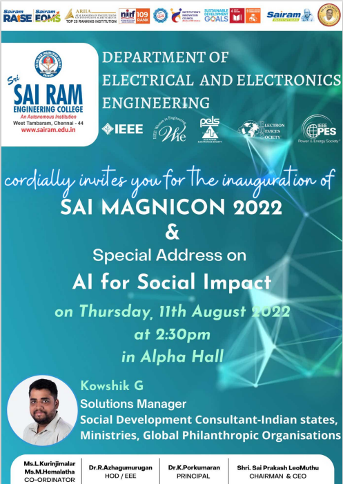 OfSsec's tweet photo. We cordially invite you all!!
Department of EEE cordially invites you to the inauguration ceremony of our EEE Asociation SAI MAGNICON 2022 at 2.30 pm in Alpha hall with a guest of honor Mr.Kousik.G solutions manager. we would be delighted with all your gracious presence https://t.co/oG6xXktgF6