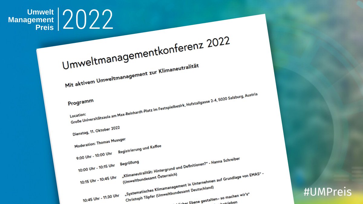 Hochrangige Gäste und wertvolle Fachbeiträge zu den Themen Klimaneutralität, Klimamanagement und nachhaltiger Tourismus auf der Konferenz und Verleihung des Umweltmanagement-Preises 2022 am 11. Oktober in Salzburg.
Jetzt anmelden: 
emas.de/aktuelles/news…
 #UMPreis