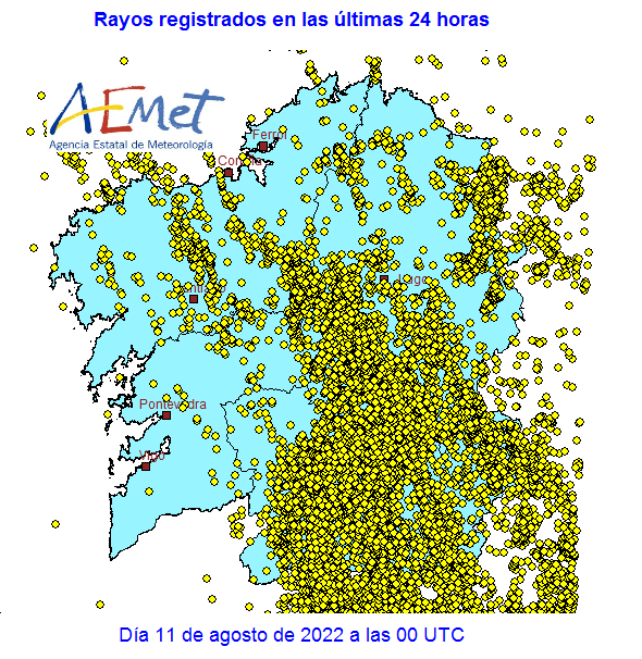 AEMET_Galicia's tweet photo. Mapa de raios e precipitacións rexistradas nas últimas 24 horas en Galicia. https://t.co/kDuKVCj0DJ