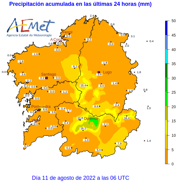 AEMET_Galicia's tweet photo. Mapa de raios e precipitacións rexistradas nas últimas 24 horas en Galicia. https://t.co/kDuKVCj0DJ