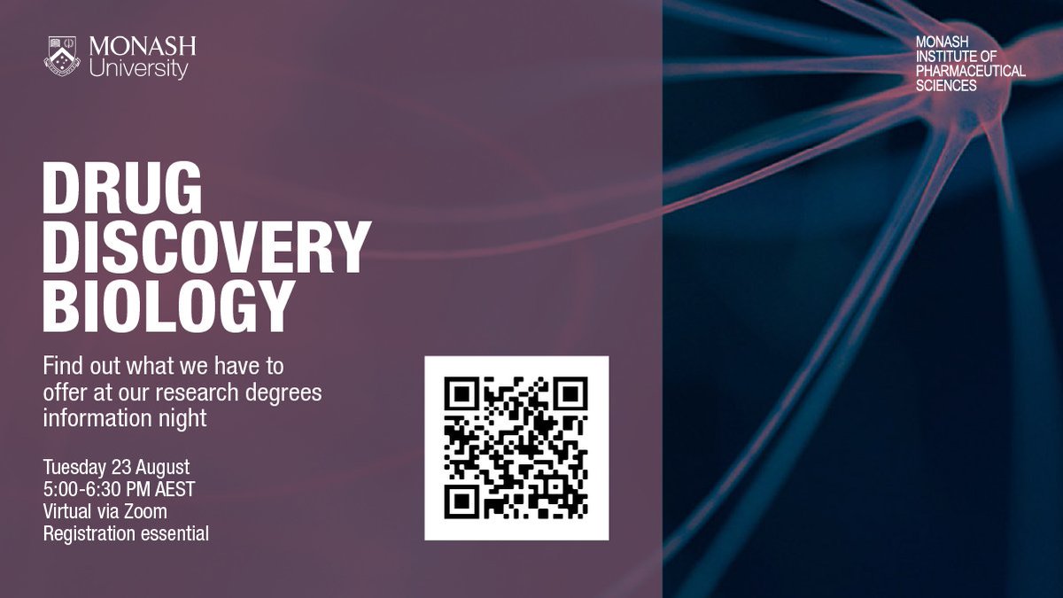 Interested in doing a Honours or PhD with us? In Drug Discovery Biology we work like detectives to identify and uncover how drugs work.
Find out more at our Honours and graduate research  Information night! 
5:00-6:30pm, AEST, 23rd August

To Register: forms.gle/MVfT8PBerXdj2u…