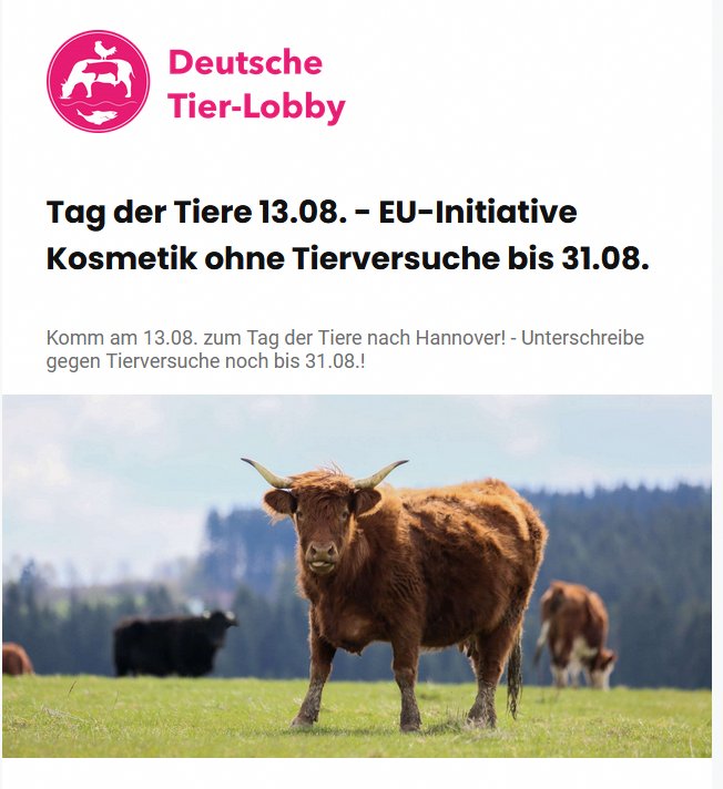 Hier ein Aufruf von der deutschen Tier-Lobby zum „TAG DER TIERE“. Es geht am 13.08. in Hannover darum, grundlegende Veränderungen zugunsten unserer "Nutz"tiere einzufordern.
Mehr Infos hier:  facebook.com/events/5499779… und hier: deutsche-tier-lobby.de