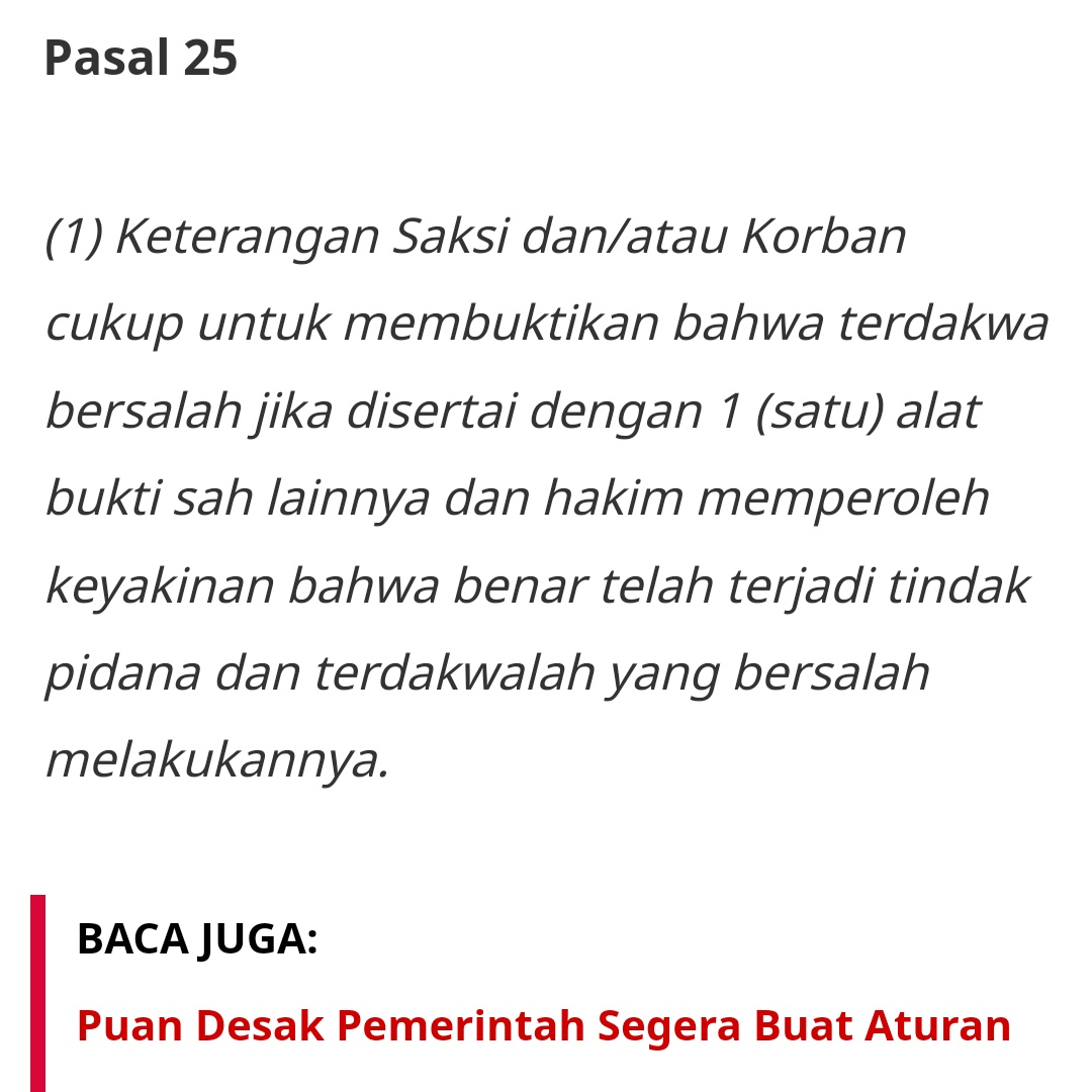 Informasi buat kawan-kawan yang belum paham UU TPKS (kekerasan seksual)

Pasal 24 dan 25 menyebut "Kesaksian Korban" dan "Surat Keterangan Ahli" (Psikolog, Psikiater, Seksolog, dsb) sudah cukup untuk menjadi kasus kawan

m.merdeka.com/peristiwa/uu-t…
