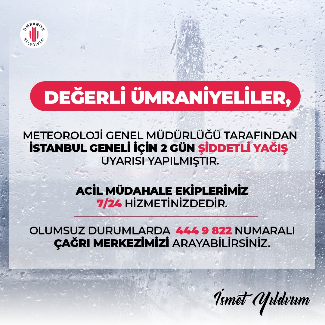 Sevgili Komşularım;

📌 İstanbul'da beklenen kuvvetli yağış ve fırtına için acil müdahale ekiplerimiz 7/24 görev başında olacaklar. ☔⛈️

Yaşayabileceğiniz her olumsuz durum için 📞 444 9 822 çağrı merkezimizden destek alabilirsiniz.