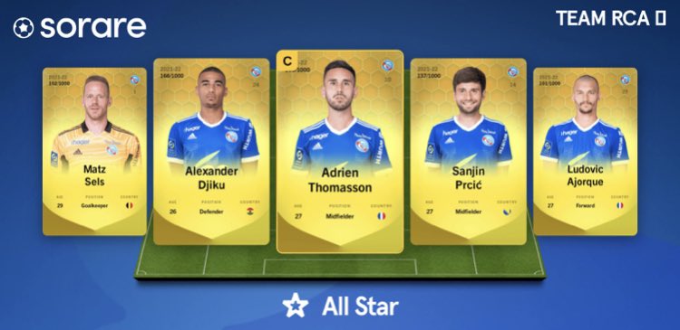 rca_team's tweet photo. Amis strasbourgeois &amp; sorariens, que pensez-vous de ce line up pour le match de notre @RCSA dimanche à l’@ogcnice ? 🥨

#sorare #ogcnrcsa #RCSA #unseulamour https://t.co/NsMMlnKb4E