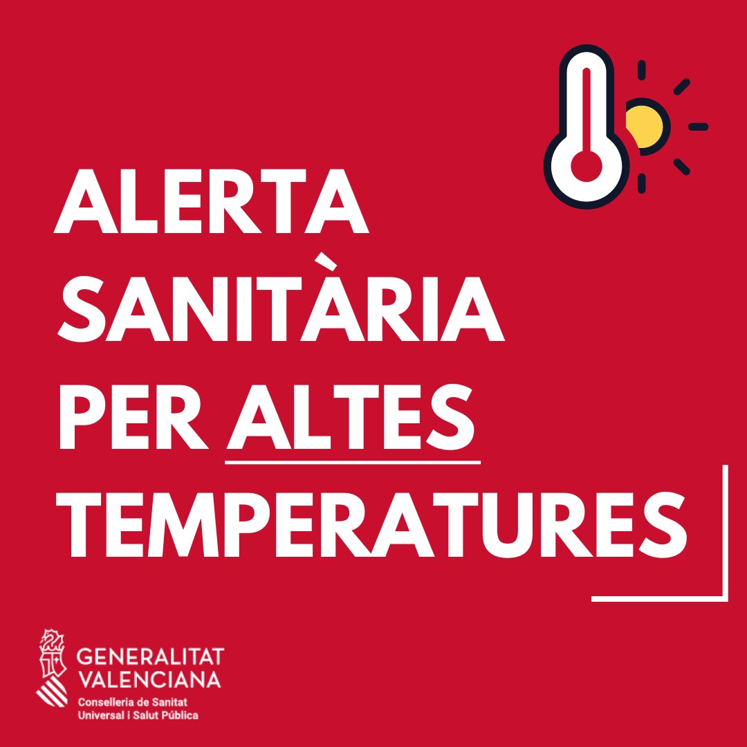 ⚠️🌡️  #AlertaCalor: nivell d'alerta sanitària per altes temperatures en municipis de 7 comarques.

🌙 S'esperen nits equatorials en municipis de 26 comarques, i nit tòrrida a Castelló de la Plana.

🟠🔴 Llista: comunitatvalenciana.meteoclim.eu

👉 Recomanacions: san.gva.es/ola-de-calor