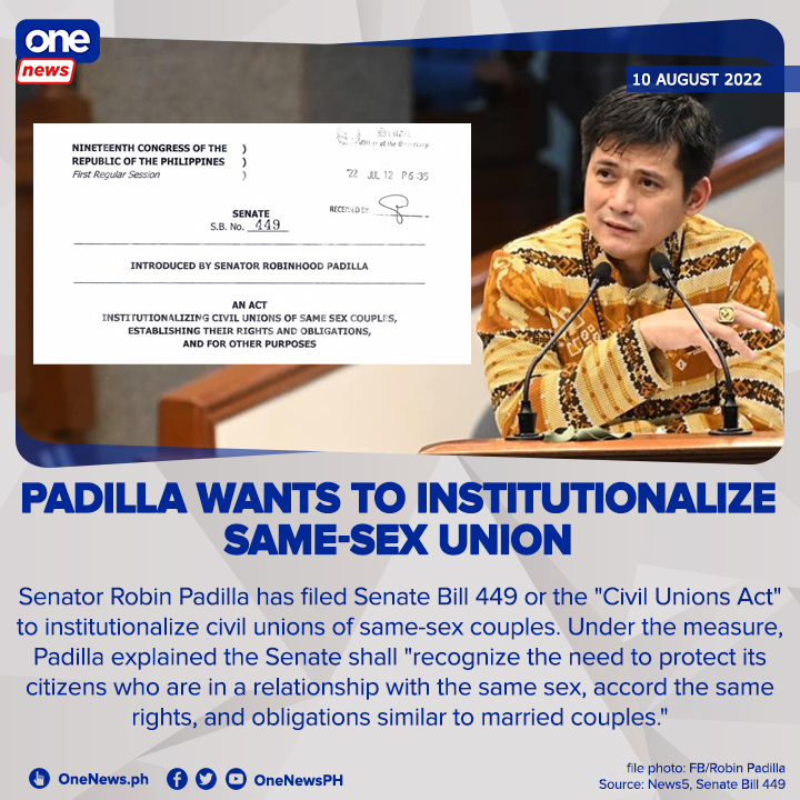 onenewsph's tweet photo. Padilla files bill seeking to institutionalize same-sex union
In filing the measure, Sen. Robin Padilla says the Philippines "still lacks legislative measures to afford equal rights and privileges for same-sex couples that is enjoyed by different-sex couples.” https://t.co/XIoYlzTiD3