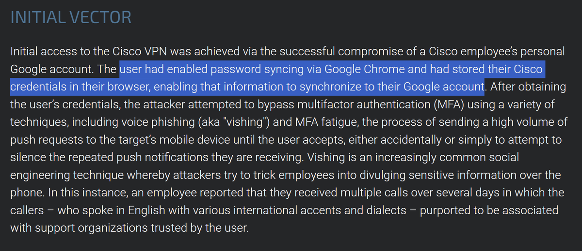 craiu's tweet photo. Kudos to #Cisco for publishing details of their security breach by initial access broker (IAB) with ties to #UNC2447, #Lapsus$ and #Yanluowang. There are so many lessons to be drawn from this highlighted part about the initial access: https://t.co/oIta7z6g0n