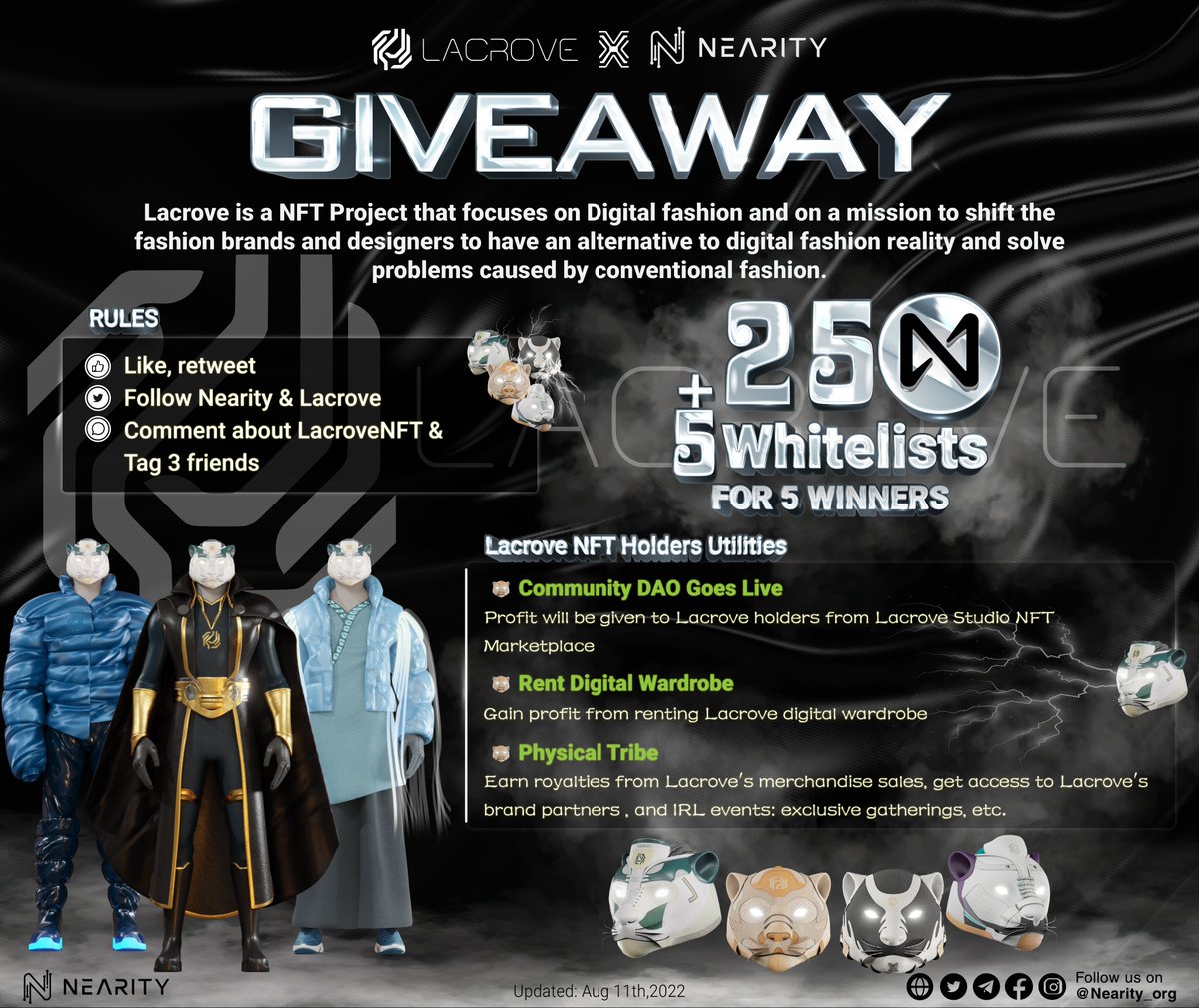 🚨NEARITY❌ Lacrove #Giveaway 🚨
💰25 $NEAR &amp; 5 WL for 5 Winner

🛑72hrs &amp; Rules
1⃣👍, RT
2⃣Follow <a href="/LacroveNFT/">Lacrove 🐯</a> &amp; <a href="/Nearity_org/">Nearity 🅝 | Create Without Limits</a>
3⃣Comment about #Lacrove &amp; tag 3 your friends

#NEARProtocol #Giveaways #GiveawayAlert #Airdrop #Airdrops #NFTCommunity #NFTGiveaways #NFTs #NEAR #NEARITY
