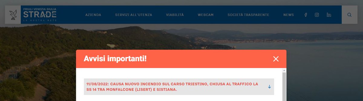 #AvvisoTS
Causa incendio a Duino, la S.R. 14 è chiusa al traffico da Sistiana a Monfalcone (fonte: FVG Strade)