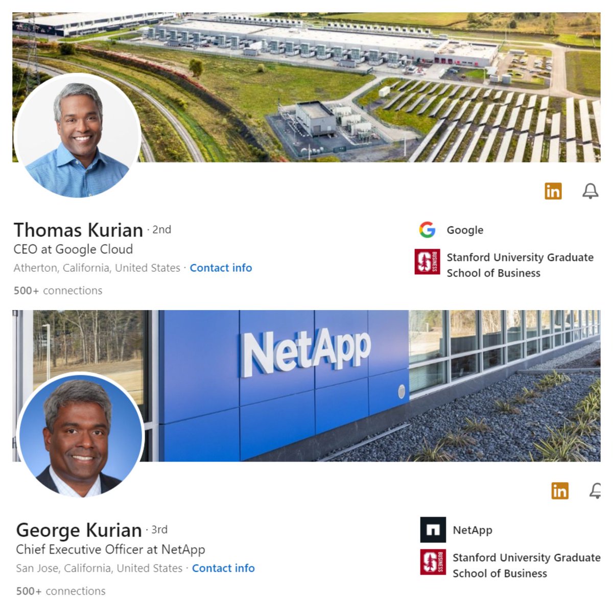 BarunChandran's tweet photo. #ThomasKurian  &amp; #GeorgeKurian are identical twins who are Keralite-Indian-American business executives, leading two prestigious cloud companies as CEO's of Google Cloud and NetApp. Both studied in IIT Madras &amp; Stanford university!#twins #TwinCeo #twinbrothers #inspiring #Leaders https://t.co/F6VqFVa1mw