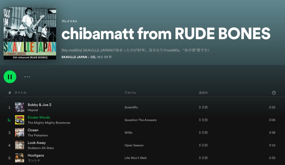 SkavilleJ's tweet photo. 【SKAViLLE JAPAN 15 minutes playlist #26】 
大好評! 15 minutes playlist企画!  
SKAViLLE JAPAN2022の出演者によるプレイリストVol.6は、来年結成30周年を迎える『RUDE BONES』より『chibamatt』が選曲!!
https://t.co/cQFHcdhDwp https://t.co/SmaYJAuUzg