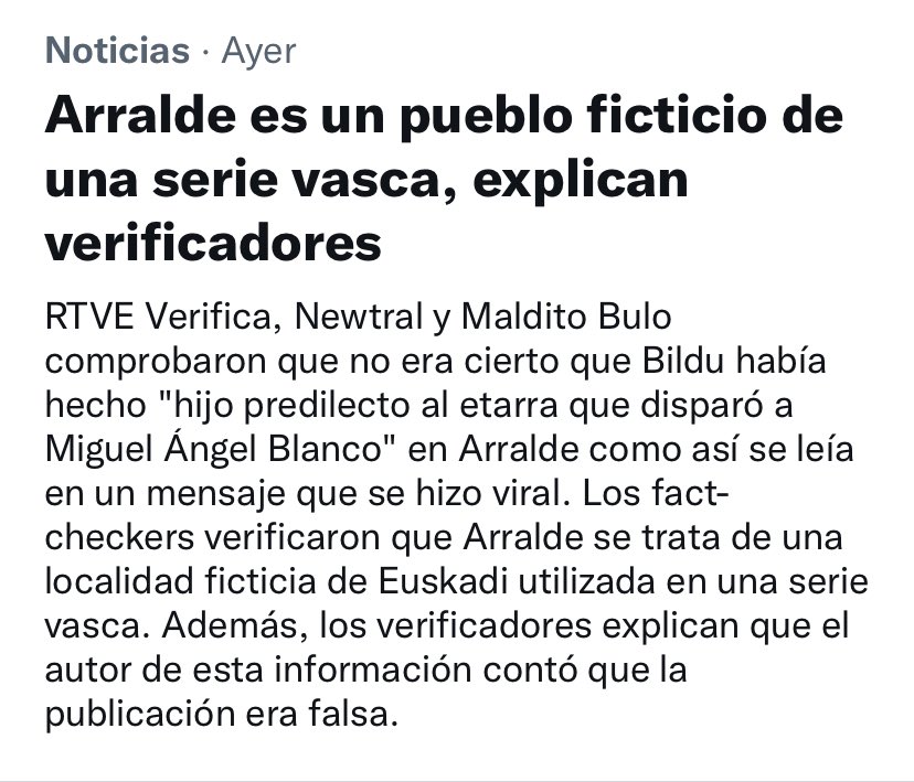 PabloIglesias's tweet photo. “Los fact-checkers verificaron que Arralde es una localidad ficticia” 

Menos mal que tenemos “Fact-checkers” para que nos confirmen que Arralde, Jauja, la Tierra media y Nunca Jamas son lugares de ficción al tiempo que no quisieron checkear que EFE mintió para proteger al Rey 👇🏻 https://t.co/YSrkIoQAUu