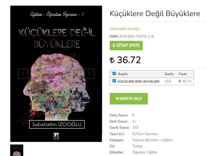 YENİ NESİL YAYINCILIK
Bölümlü ve POD opsiyonlu elektronik kitap dağıtım portalı: talebe.com
"Küçüklere Değil Büyüklere" SUYLA Yayınlarından e -kitap olarak yayınlandı. Sitemizden ulaşabilirsiniz. 
talebe.com/kitap/kucukler…