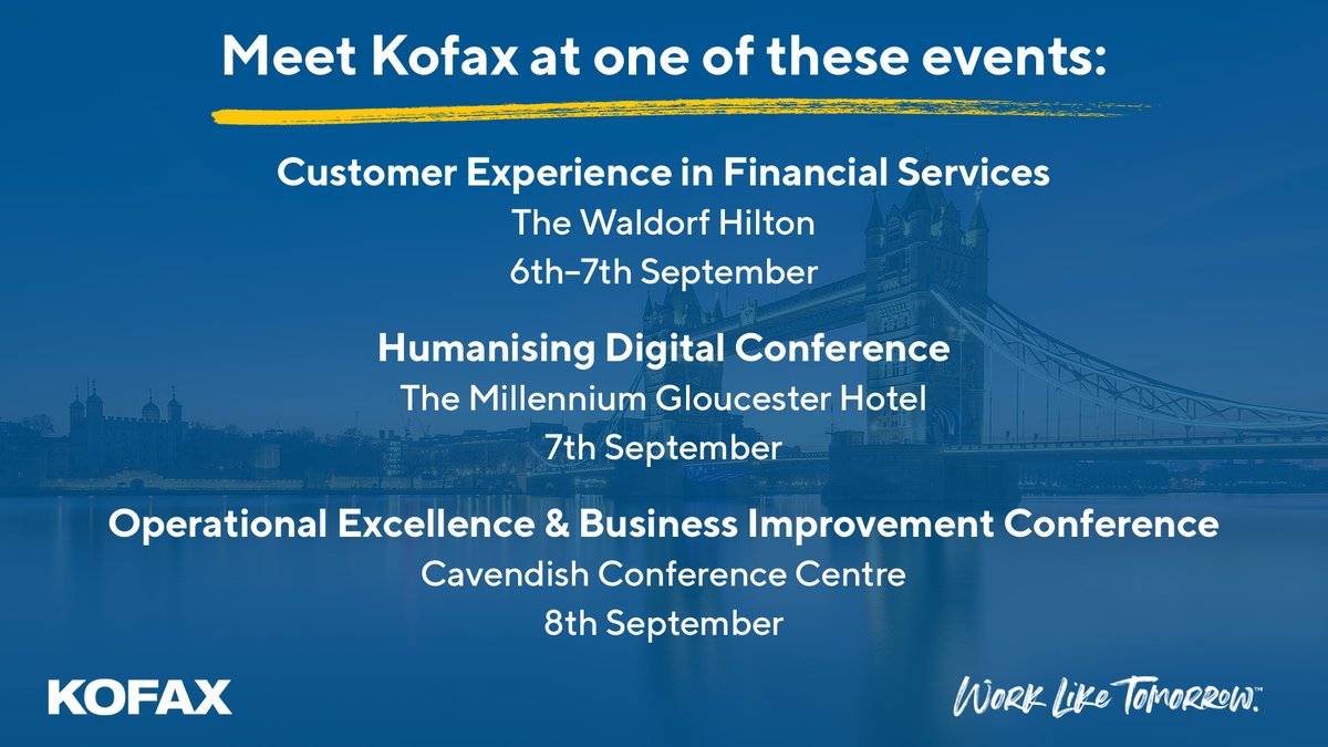 Make plans to join Kofax at one of these conferences in #London during the first week of September! Follow the links below to register ⬇️

CX in Financial Services: bit.ly/3SGlotG
Humanising Digital: bit.ly/32XhXVC
OPEX &amp; Bus Improvement: bit.ly/3Qfwmok
