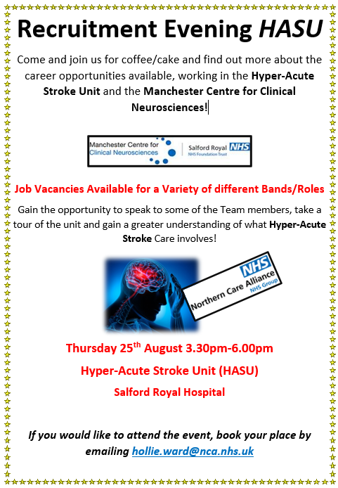 MccnNca's tweet photo. Are you interested in a career in Stoke? Join us for coffee and cake as you meet the team and take a tour of Salford Royal's Hyper Acute Stroke Unit. #StudentNurses #SalfordRoyal 

@MCCNatSRFT @SalfordUni @UoS_HealthSoc @MMUPreRegNurse1 @NCAlliance_Jobs @NCAlliance_NHS @NMSW_UG https://t.co/ceiinmGfQk