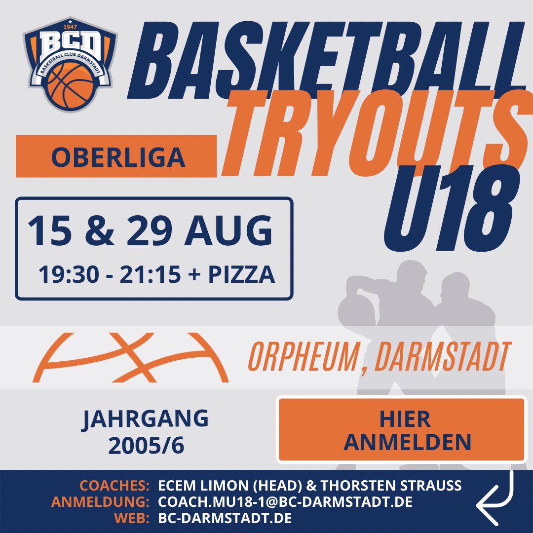 🏀 #Basketball #U18 Jungs #Oberliga Try Outs am 15. und 29.08.22 im Orpheum #darmstadt. 

Wenn jemand ambitioniert trainieren und spielen will, ist er bei uns richtig. 

Teil es gerne. 
Anmeldung Pflicht. 
Siehe Email auf Post. 

Fragen an <a href="/ThorstenStrauss/">Thorsten Strauss</a> 

<a href="/BCDarmstadt/">BC Darmstadt</a>