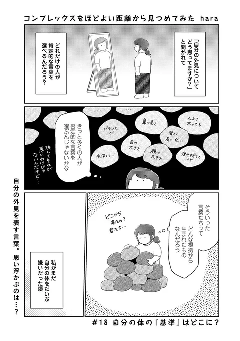 【📕更新💭】
 #コンプレックスをほどよい距離から見つめてみた 
📖第18回「自分の体の『基準』はどこに?」

自分の身体を自分でジャッジする時。
肯定的でも否定的でも、自然に身についてる『基準』みたいなものがあるけど…?🤔💭

続きはこちらから!
▶️https://t.co/F5phhVe5ge 