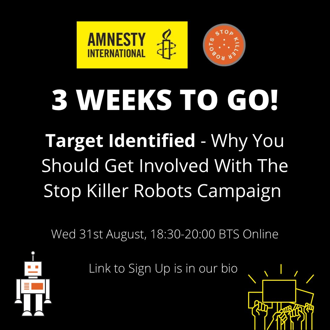Only 3 weeks left to go to the launch of our new student campaign Stop Killer Robots! 

At this event you will be able to learn how to take action on your campus and connect with students in your region.

We will have speakers from SKR and @Article36 and students across the UK!