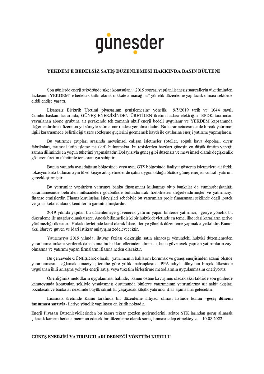 Lisanssız elektrik üretimi yönetmeliği değişikliği ile ilgili basın bültenimiz.