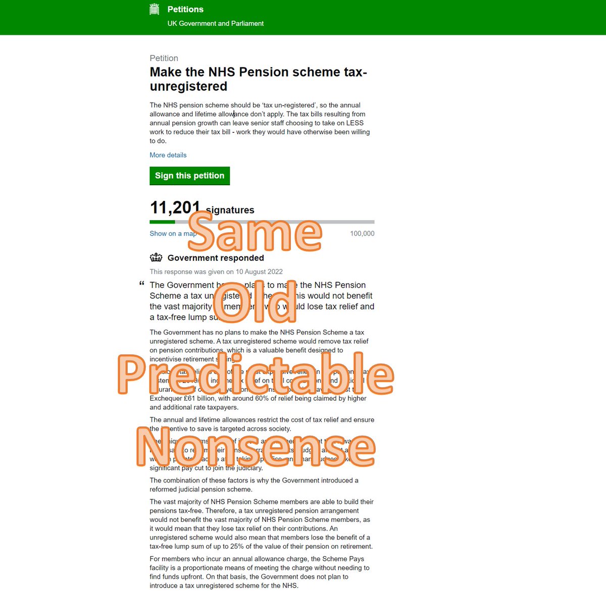 1/ So government have responded to the petition set up by a frustrated doctor on the NHS pension scheme / taxation. 

You guessed it - response is the same old predictable nonsense.

Let take it paragraph by paragraph a 🧵 - have a read <a href="/DHSCgovuk/">Department of Health and Social Care</a> 

Pls share / RT