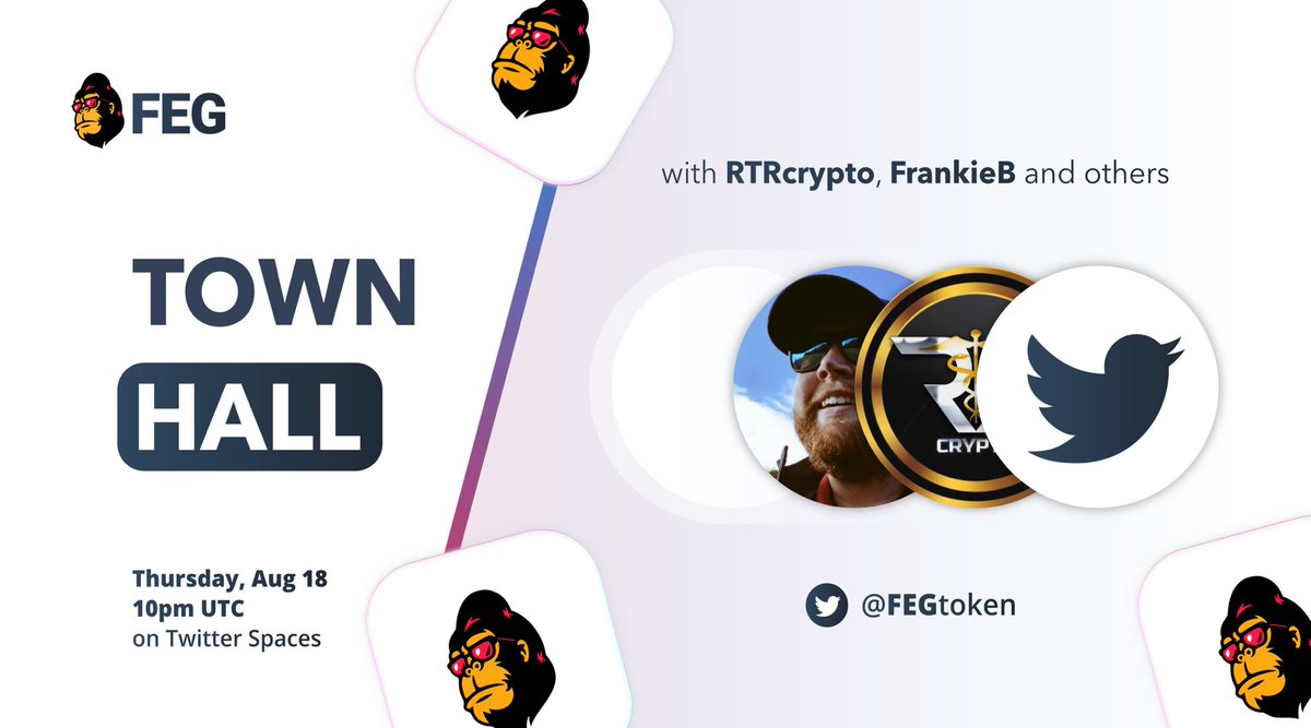Mark your calendar 📆 

Our #Twitterspaces Town Hall event is back on Thursday 18 August at 10pm UTC 

Join us as we chat through exciting project developments from the last few weeks.

Listen in, stay informed and be part of the conversation! 

#FEG #Crypto #BSC #ETH #DeFi