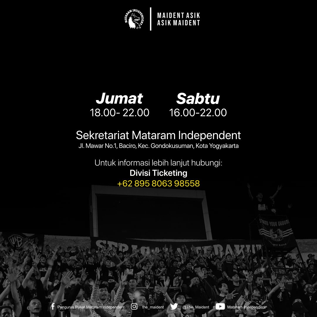 The_Maident's tweet photo. Berikut info penjualan offline tiket Tribun Utara dan VIP Utara, di sekretariat The Maident, Wisma PSIM. Habiskan Dab! ππ€
Untuk informasi lebih lanjut hubungi:
Div. Ticketing
+62 895 8063 98558
#themaident #sarewa #PSIM #MataramIndependent #MaidentAsik https://t.co/p9t5pCN1qg