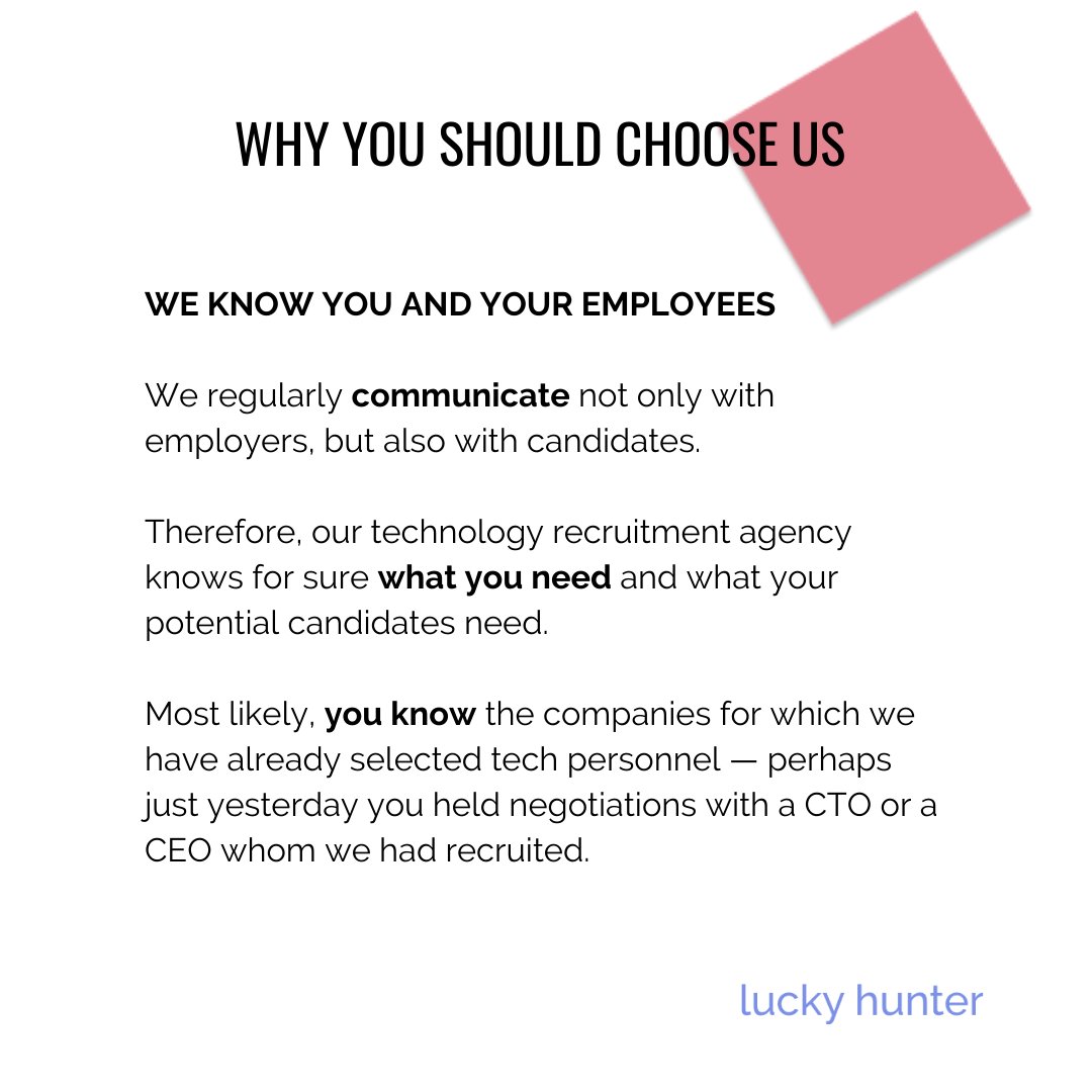 recruiter_lucky's tweet photo. Lucky does it: 

Executive Search 🤝

Read what exactly we do and why you should choose us! 

Love, 

Lucky Hunter team 😘

 #lucky_does #luckyhunter #itrecruitment #it #itjokes #itmemes #itcases #hr #humanresorces https://t.co/AILqVkjAoS