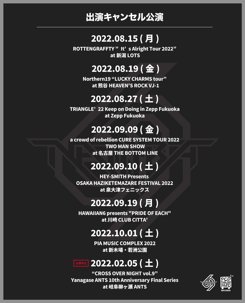 【 出演キャンセルのお詫び 】

8/9(火)に発表させていただきました通り、下記イベントへの出演をキャンセルとさせていただきます。

対バンの皆様、関係各位の皆様、楽しみにしてくださっていた皆様、この度は多大なご迷惑をお掛けいたしますことを心よりお詫び申し上げます。