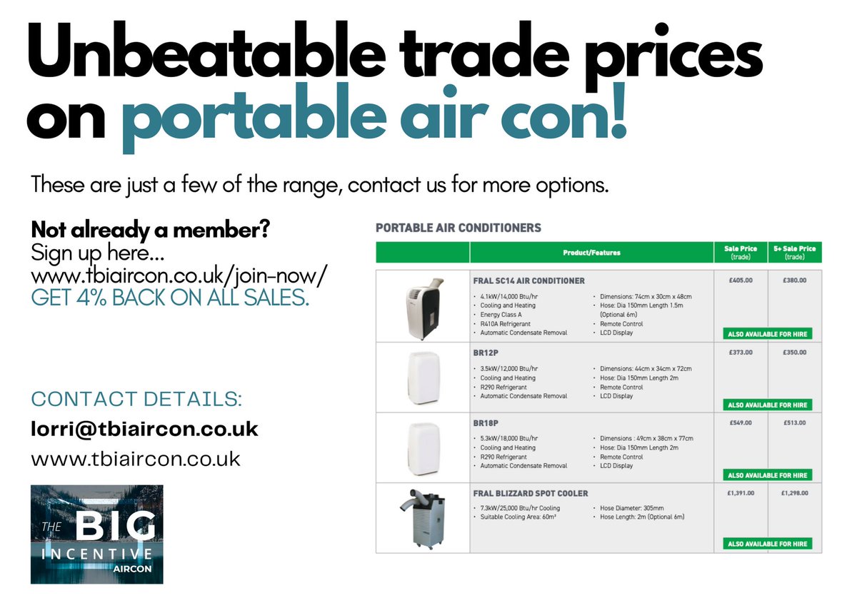 Unbeatable trade prices on portable aircon with The Big Incentive, get in contact today for more details. Contact: lorri@tbiaircon.co.uk #airconditioning #aircon #incentiveprogram