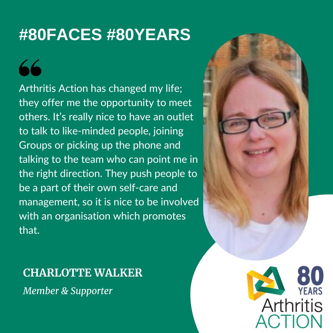 Arthritis_ACTN's tweet photo. Our #80Faces campaign recognises 80 key people who have helped #ArthritisAction over the past #80Years. 
Today we say a huge #thankyou to our supporter Charlotte Walker, who lives with #osteoarthritis and is a wonderful advocate for self-managing her condition. https://t.co/287xIHaTC9
