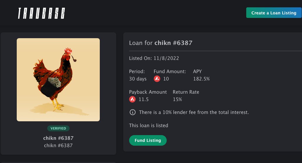 Interesting listing on Traverse. With a 29 $AVAX fp and being one of the most stable NFT floors on #Avalanche , this <a href="/chikn_nft/">Chikn 🔺</a> loan offers a 15% return rate.

Will a peer fund this peer?
Bok bok?