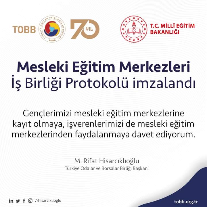 Mesleki Eğitim Merkezleri İş Birliği Protokolü imzalandı. Gençlerimizi mesleki eğitim merkezlerine kayıt olmaya, işverenlerimizi de mesleki eğitim merkezlerinden faydalanmaya davet ediyoruz. 
tobb.org.tr/Sayfalar/Detay…
<a href="/RHisarciklioglu/">Rifat Hisarcıklıoğlu</a> <a href="/tcmeb/">Millî Eğitim Bakanlığı</a> 
<a href="/TOBBiletisim/">TOBB</a>