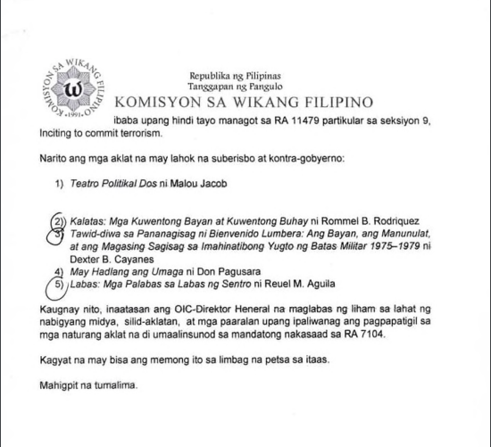 mjaysoncayabyab's tweet photo. As the country commemorates Buwan ng Wika,  the Komisyon sa Wikang Filipino has issued a memorandum calling on schools and libraries to pull out the following 
"subversive" books for being "anti-government." @PhilippineStar @onenewsph https://t.co/tCfhqkLJOj