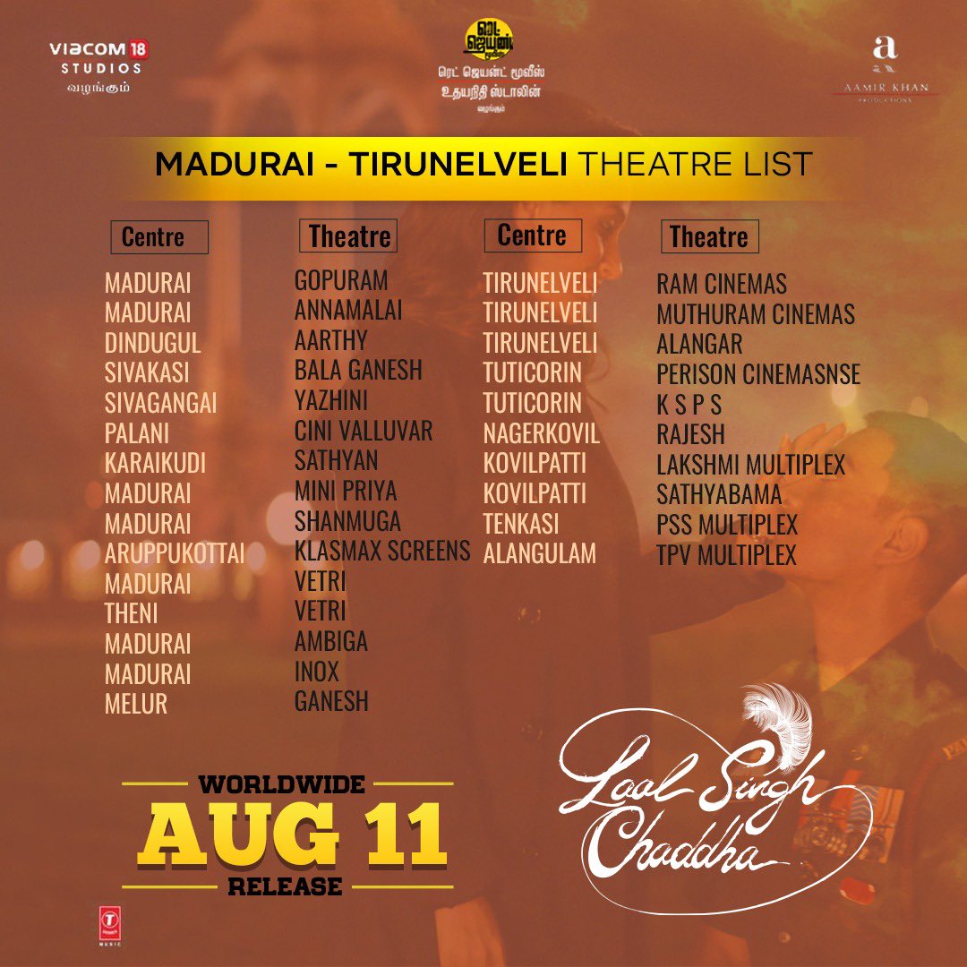 Here are #LaalSinghChaddha’s Madurai and Tirunelveli theatres list. 

Book your tickets and watch the film with your family today.

#AamirKhan #KareenaKapoorKhan #MonaSingh @chay_akkineni @atul_kulkarni @Udhaystalin @AKPPL_Official #AdvaitChandan @Viacom18Studios