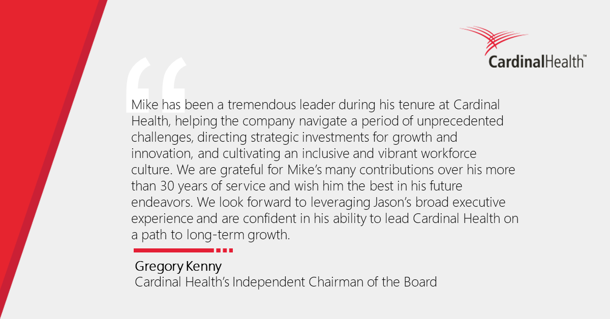 cardinalhealth's tweet photo. Today, Cardinal Health announces our Board of Directors has elected Jason Hollar as our next CEO, succeeding Mike Kaufmann. Read more in our press release: https://t.co/Q5FDFeZPJa https://t.co/AUFCNVUBhz