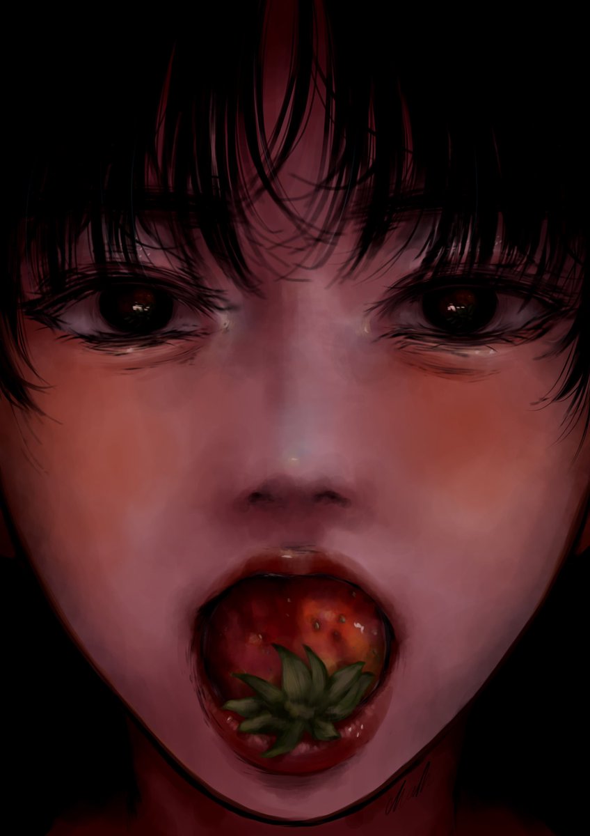 solo 1girl looking at viewer black hair open mouth fruit black eyes  illustration images