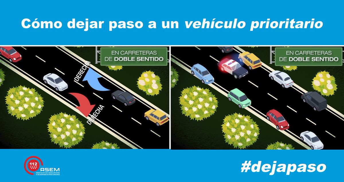 112cmadrid's tweet photo. ✍️  ¡Examen de verano!

❓Sabes como hay que dejar paso a los servicios de emergencia en carretera?

✅ Así es cómo debes hacerlo en vías de 2 y 3 carriles y de doble sentido.

🙏🏻 Comparte esta información y ayúdanos a SALVAR VIDAS.

#DejaPaso 
#ASEM112 https://t.co/dFGEVYVGAE