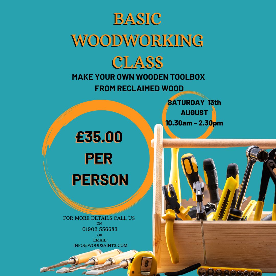 WoodSaints's tweet photo. Are you free this Saturday? 
We have spaces left for our basic woodworking class this Saturday 
10.30am - 2.30pm 
£35 per person 
Hot/cold drinks &amp; a few snacks will be provided 
If you would like to attend, please call us on 01902 556683 
or email us at info@woodsaints.com https://t.co/Nauw7ImVsW