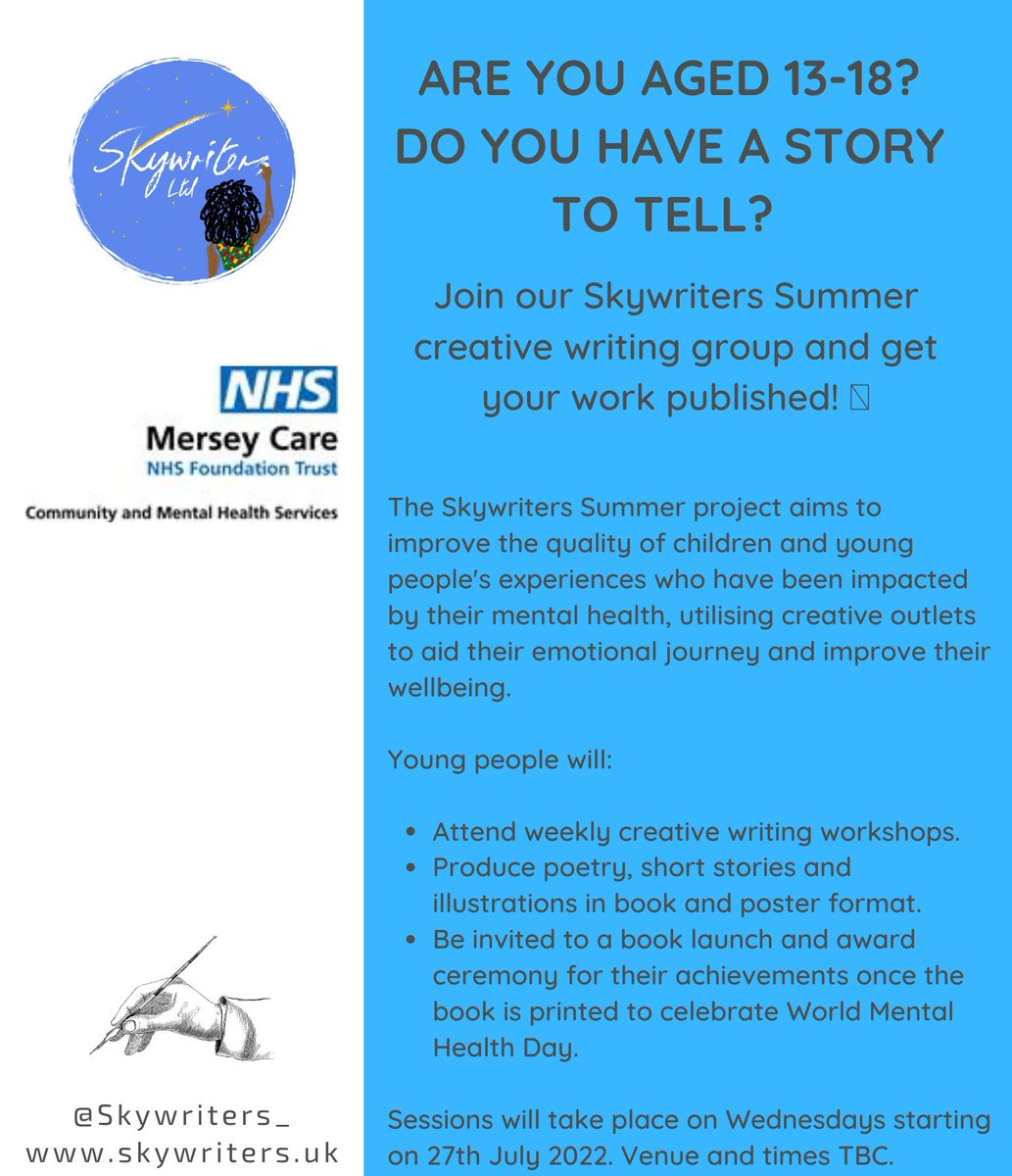 Skywriters_'s tweet photo. Skywriters was very excited to start our Summer Merseycare creative writing programme this week! We won the 10k programme in a very exciting Dragon's Den Style bid!
A wonderful initiative to aid young people with their mental health. with!
#Skywriters #WriteTheSky π€π https://t.co/mAXiFZMDW2
