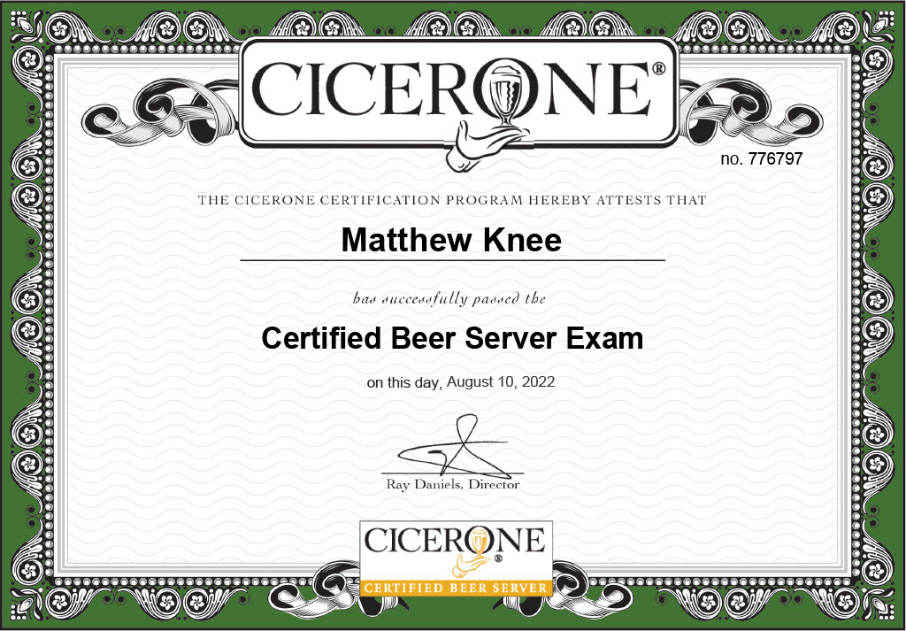 mknee71's tweet image. Achievement unlocked. This character has leveled up.  I passed the level 1 exam at 95%. Now on to the real work: become a Certified Cicerone® (level 2). @cicerone  #beernerd #certifiedbeerserver #beergeek #beerlover