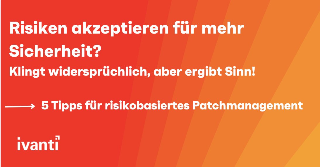 Hacker sind uns immer einen Schritt voraus? #Ivanti schafft Abhilfe!
Mit einem risikobasierten #PatchManagement akzeptieren Unternehmen #Risiken für mehr Sicherheit. Klingt absurd, aber ist plausibel! 
5 Tipps dazu, findet ihr im neuen Blogpost: bit.ly/3Ag2PFK