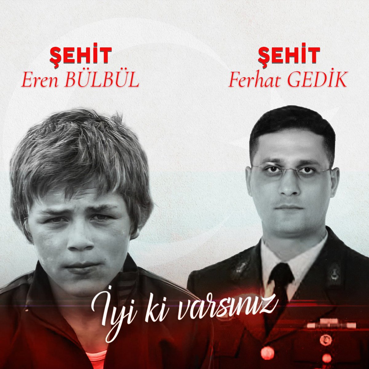 Şehadete birlikte yürüyen kahraman şehitlerimiz Eren Bülbül ve Astsubay Ferhat Gedik'i vefatlarının 5. yıl dönümünde rahmet ve minnetle anıyorum. 🌹

İsimleriniz vatanın her bir taşında, toprağında yaşamaya devam ediyor. 🇹🇷

#iyikivarsınEren #iyikivarsınFerhatGedik