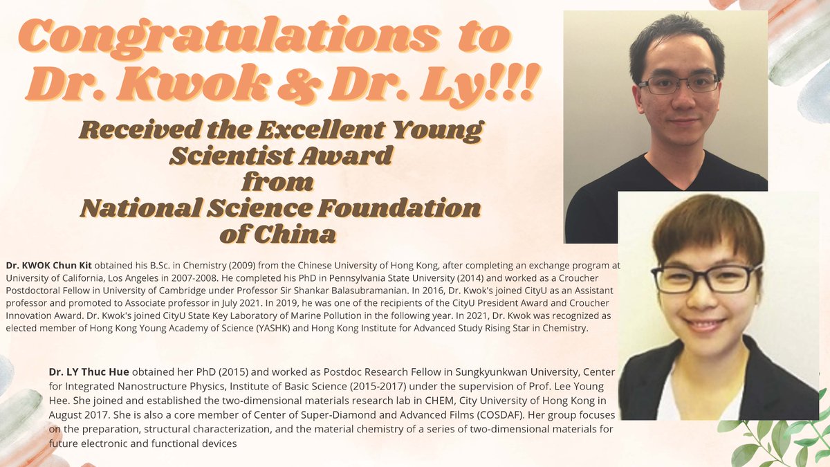 Congratulations to Dr. Kwok Chun Kit &amp; Dr. Ly Thuc Hue received the Excellent Young Scientist Award from National Science Foundation of China

#cityuchem #CityUScience #Nationalsciencefoundation  #国家自然科学基金委员会