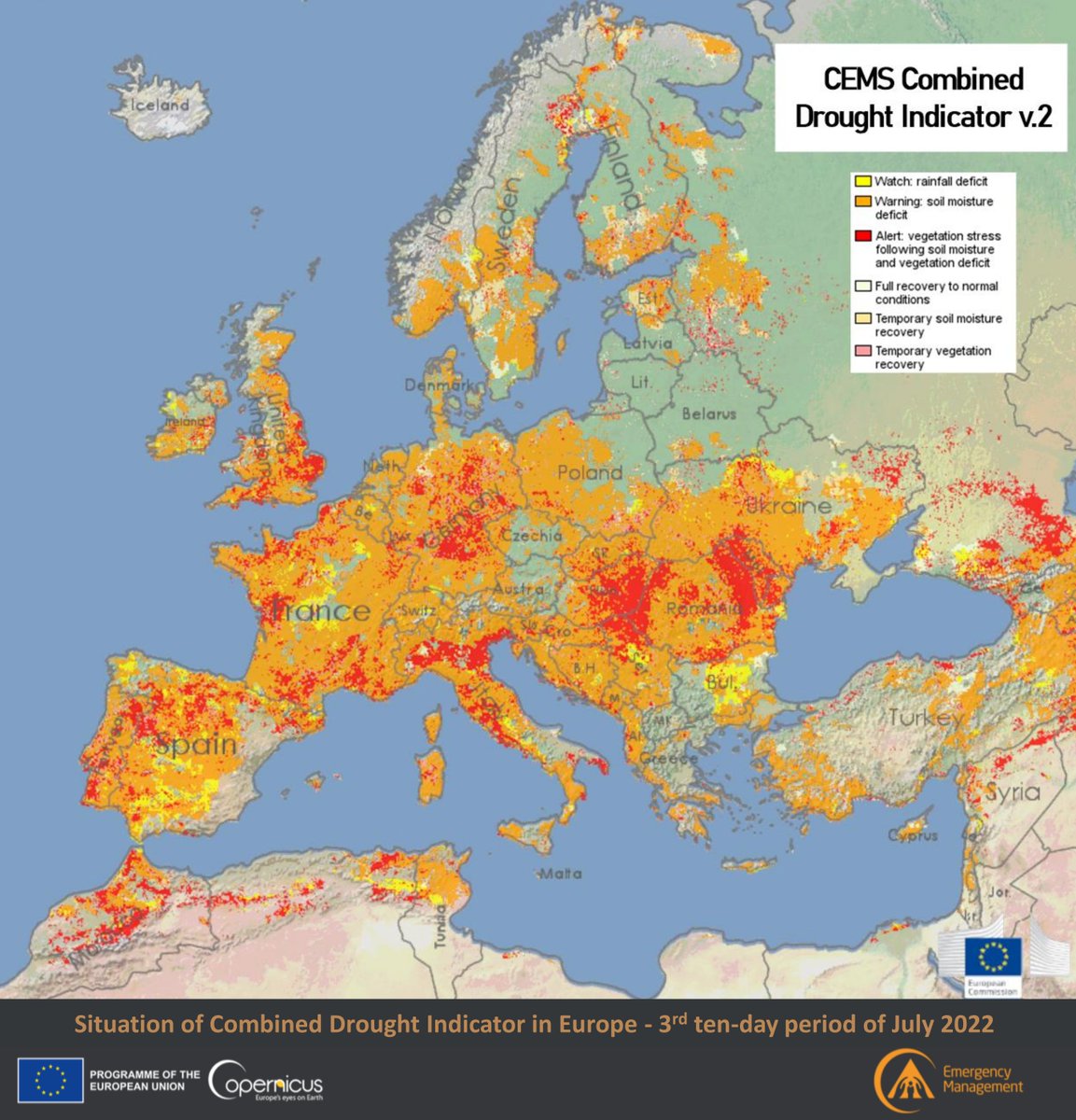 CopernicusEU's tweet image. #Copernicus for #drought monitoring 

According to @CopernicusEMS European Drought Observatory #EDO, in the last 10 days of July 2022

 4⃣7⃣% of the EU territory was in 🟧🟥Warning status and 
 1⃣7⃣% is in 🟥Alert status

#EUGreenDeal