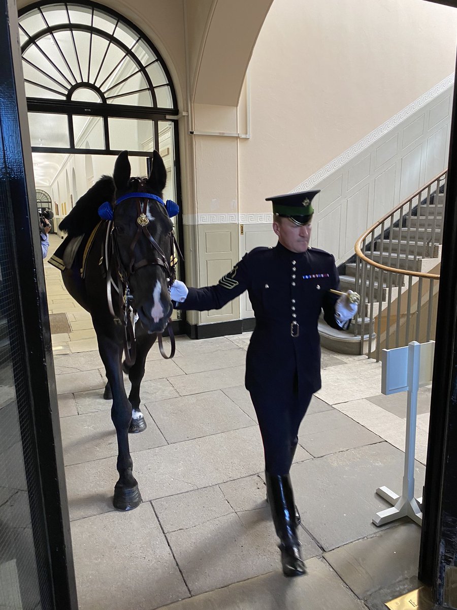 The final act of the Commandant’s Parade was for the Academy Adjutant to ride up the Old College steps on board Falkland. His work done, the mighty charger was led back to the stables by the Corporal of Horse. He will be back on Sovereign’s tomorrow. #horses #thursdayvibes